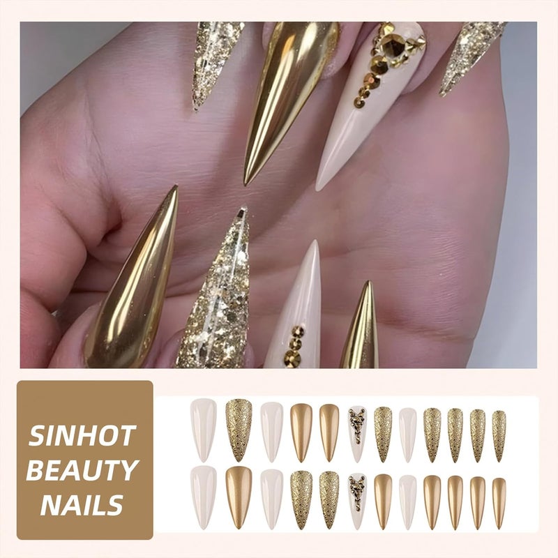 SINHOT Press on Nails Long Stiletto Fake Nails Luxury Rhinestones Acrylic Nails Glossy Glue on Nail Gold Glitter Almond Artificial Stick on False Nail with Design 24 pcs - Image 5